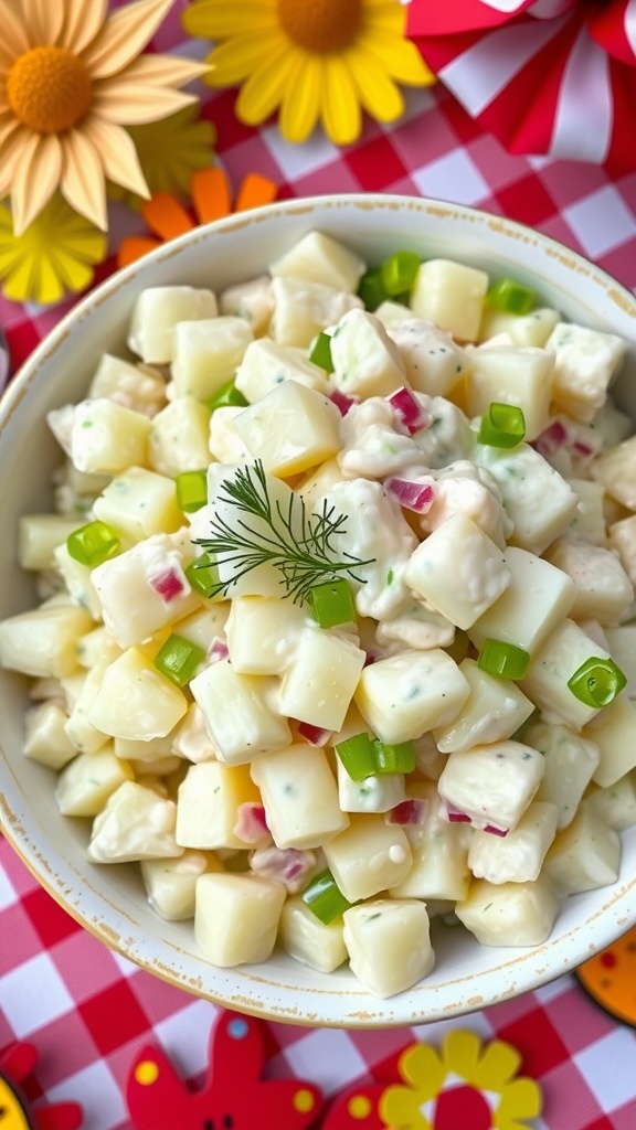 A fresh bowl of creamy potato salad with potatoes, celery, and red onion, garnished with dill, on a picnic table.